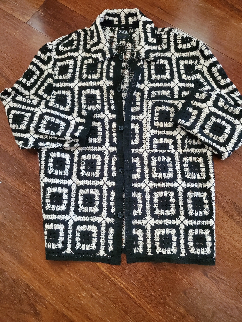 Zara Black & White Crocheted Geometric Cardigan